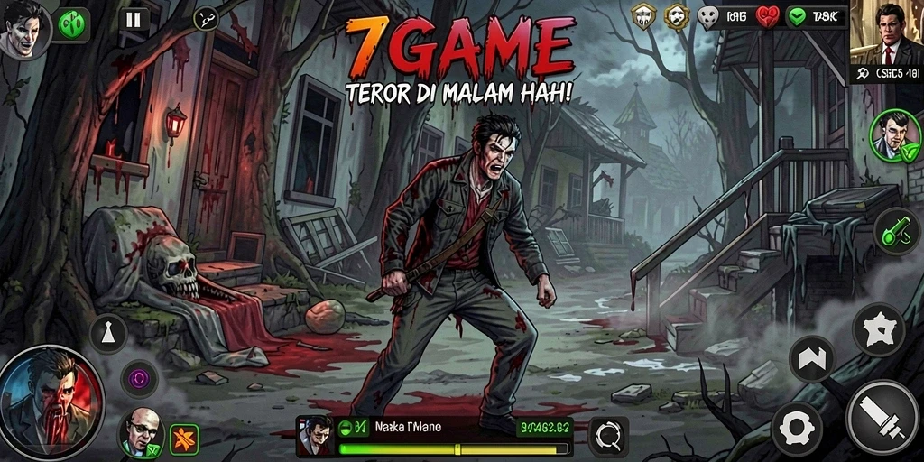 Gameplay 7GAME menampilkan suasana horror yang mencekam.