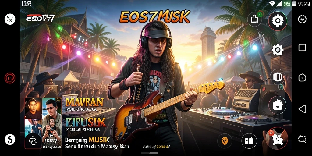 Tampilan gameplay interaktif EOS77 dengan banyak pilihan musik.