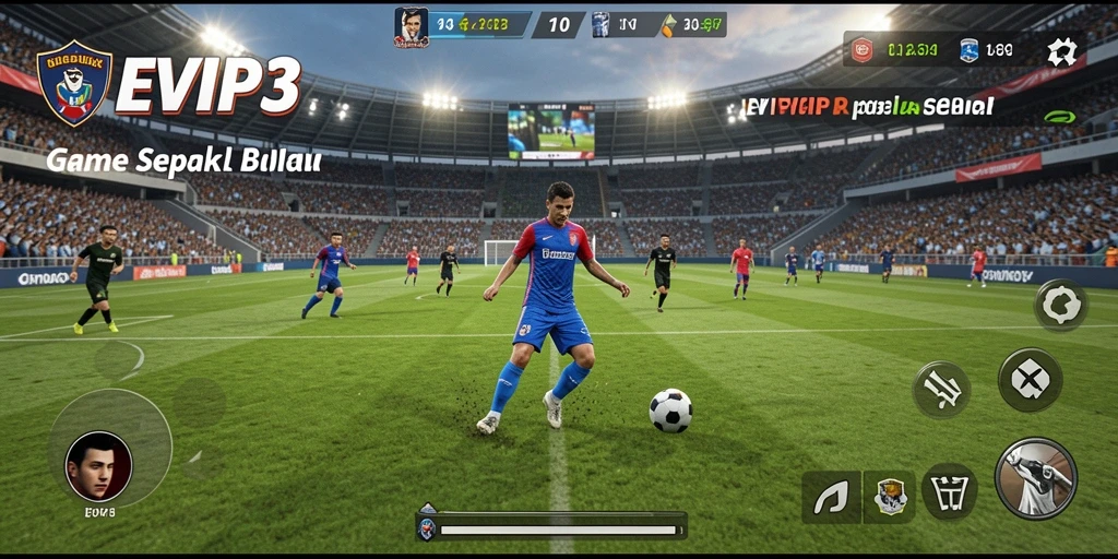 Screenshot gameplay EVIP3 yang menampilkan aksi sepak bola mendebarkan.